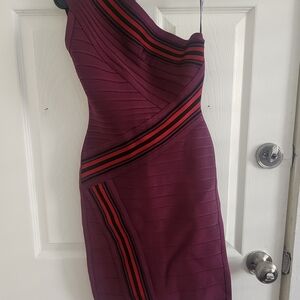 Herve Leger One-Shoulder Dress in Purple with Black and Red Stripes